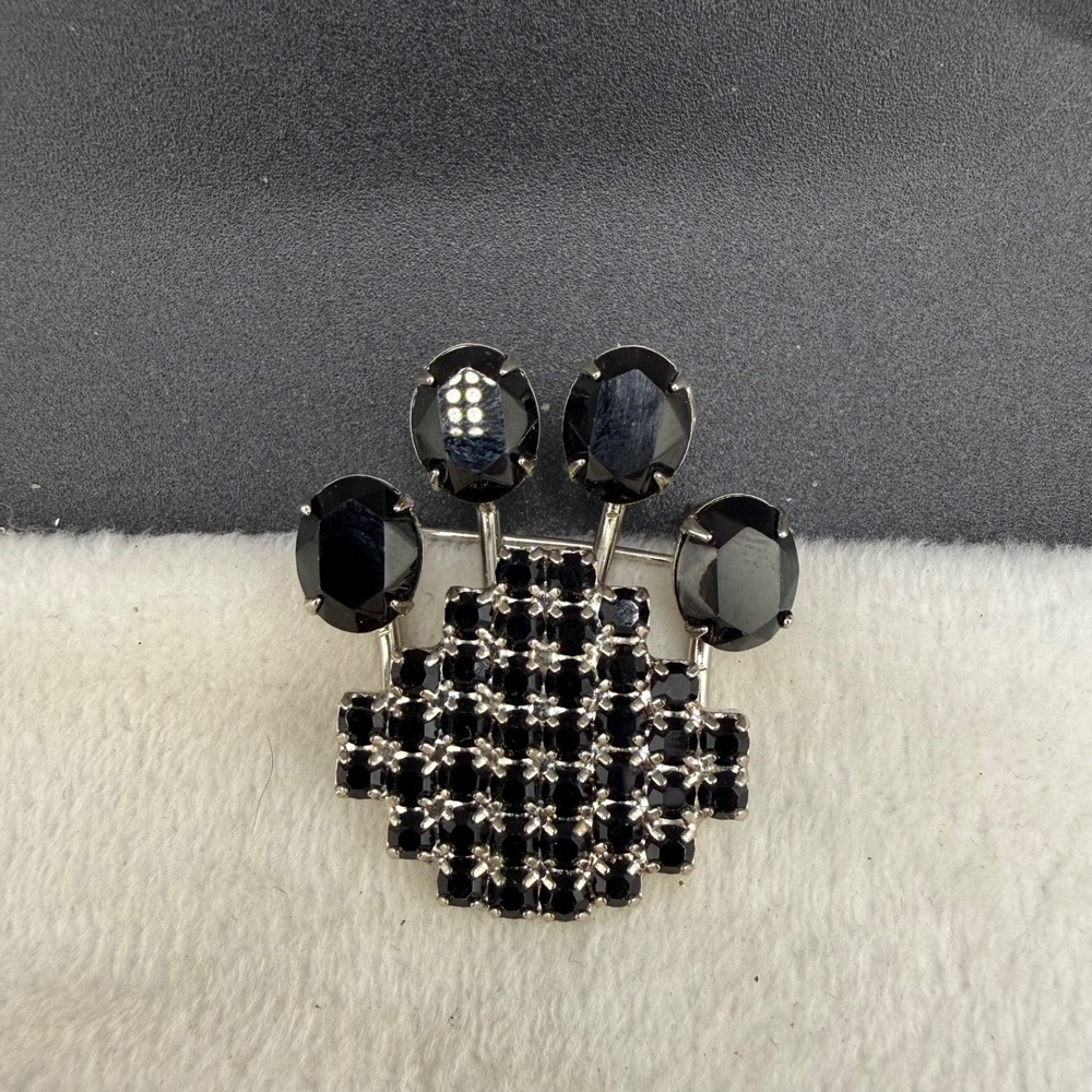 Vintage Dorothy Bauer Paw Print Brooch Dog Silver Tone Black Rhinestone Signed